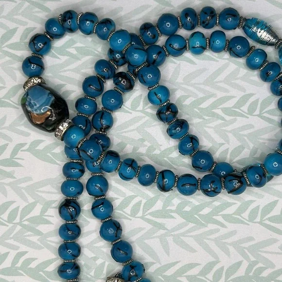 Turquoise Blue Beaded Necklace and Earrings Set Boho Jewelry Rhinestone accents - Picture 1 of 3
